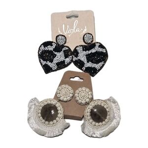 Viola Beaded Earring Bundle Cow‎ Print Hearts White Fringe Tassel Studs Jewelry